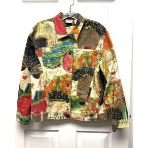 Chico’s Colorful Abstract Art Print Jean Jacket Women’s Size 4 6 Statement Denim